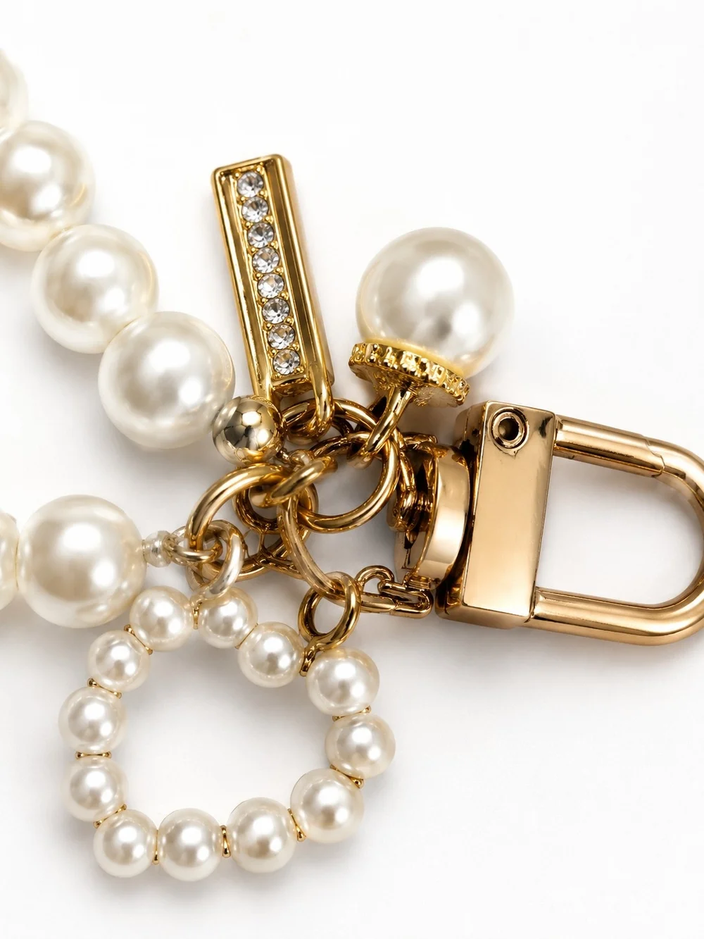 Simulated Pearl Loop Keychain Charm in White with Gold Hardware